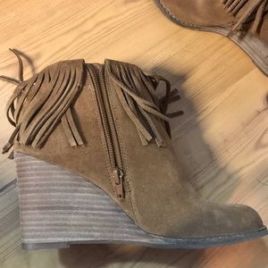Brown fringe wedge ankle boots